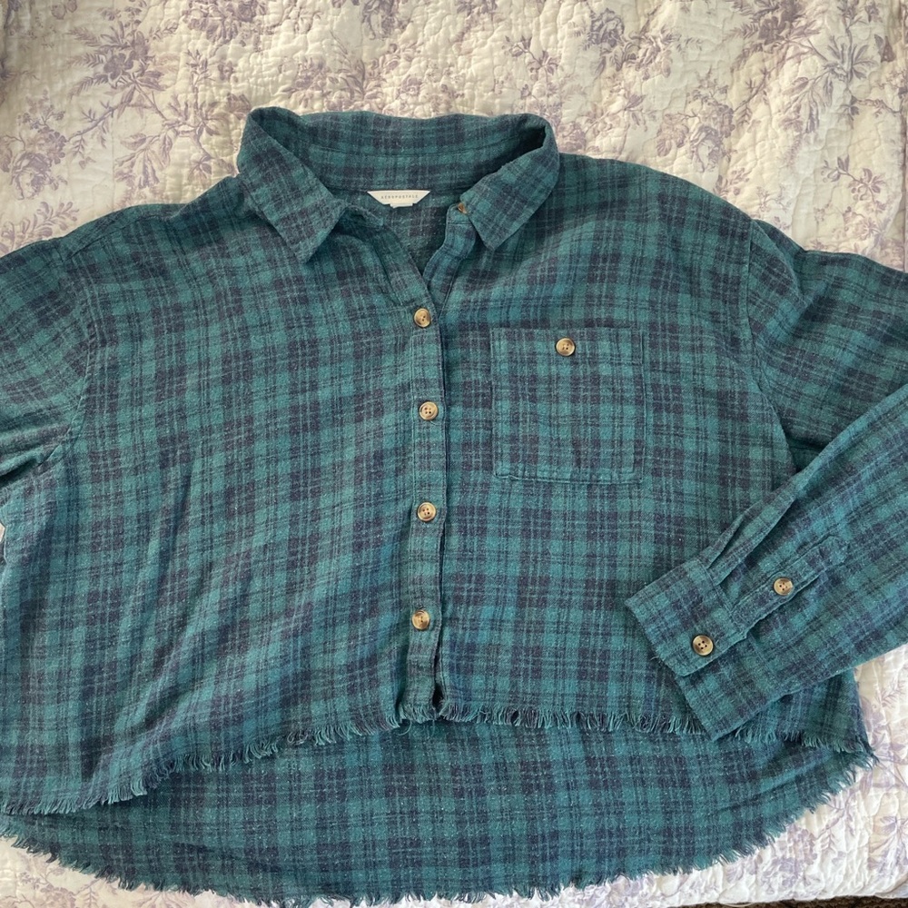Green and Blue Cropped Flannel with fringe detail